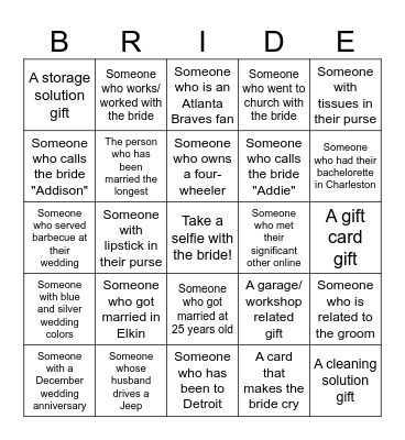 Bridal Bingo! Bingo Card