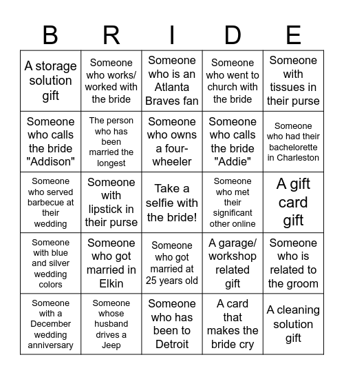 Bridal Bingo! Bingo Card