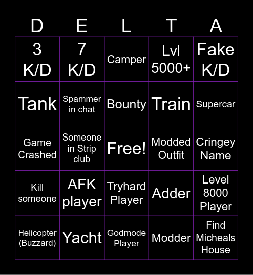 DELTA VS TUBZ GTA ONLINE BINGO Card