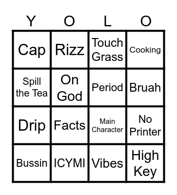 Gen Z Bingo Card