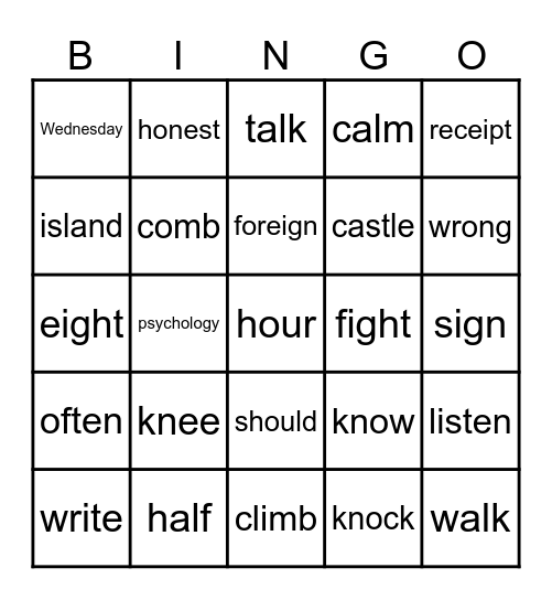 SILENT CONSONANTS Bingo Card