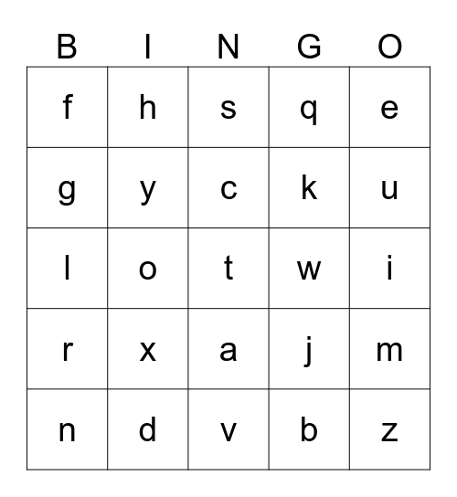 Lowercase Letters Bingo Card