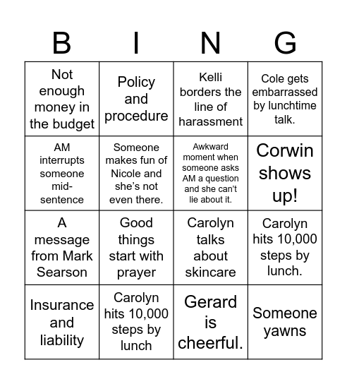 PA Day Bingo Card