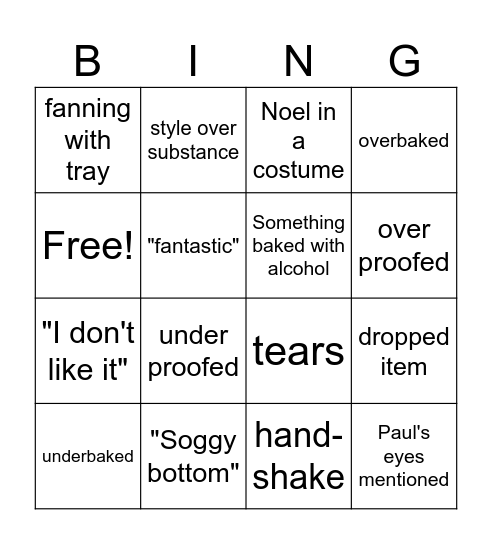 Great British Baking Show Bingo Card