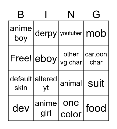 mc skin bingo Card