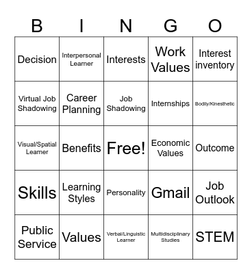 Career Exploration Bingo Card