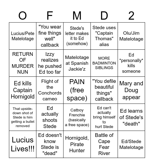 Our Flag Means Death Season 2 Bingo Card