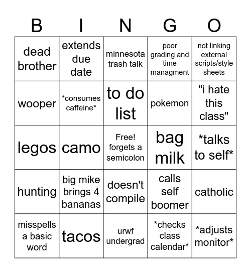 Dr T Bingo Card