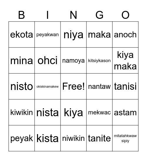 Cree Dialogue Bingo Card