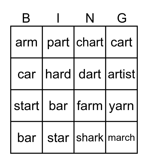 AR Words Bingo Card