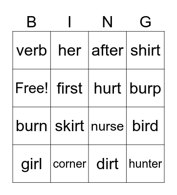 er, ur, ir Bingo Card