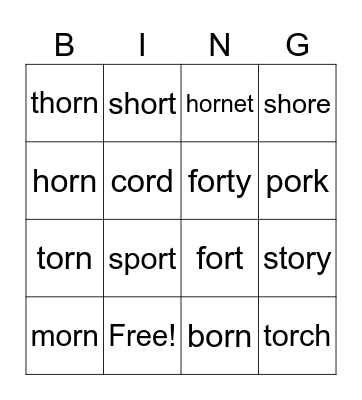 "or" words Bingo Card