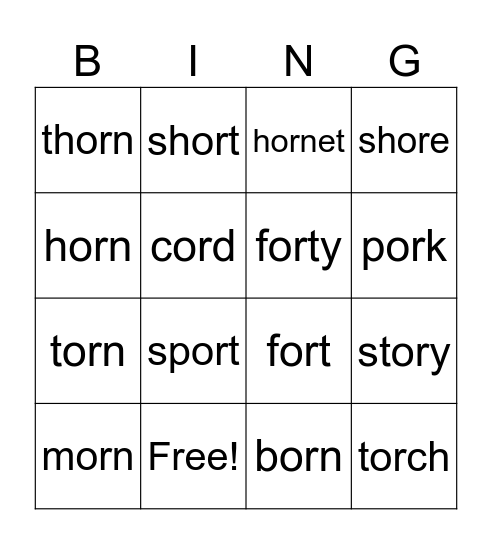 "or" words Bingo Card