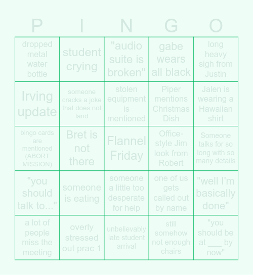 Prac Bingo October 6th Bingo Card