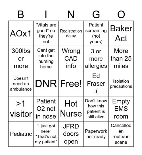 Interfacility Bingo Card