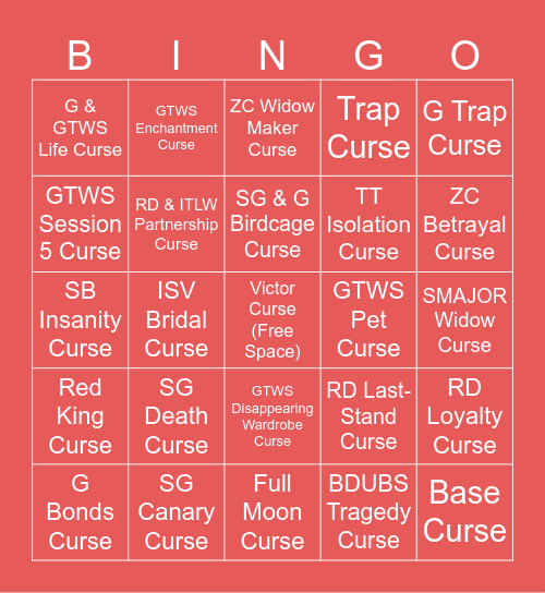 Life Series Curses Bingo Card