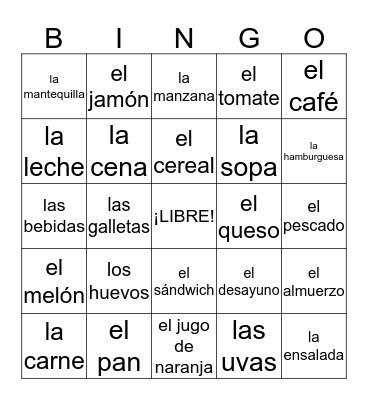Objective 5.1: La comida Bingo Card