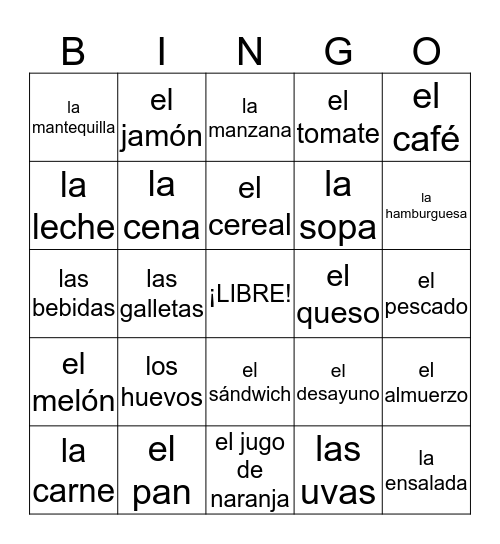 Objective 5.1: La comida Bingo Card