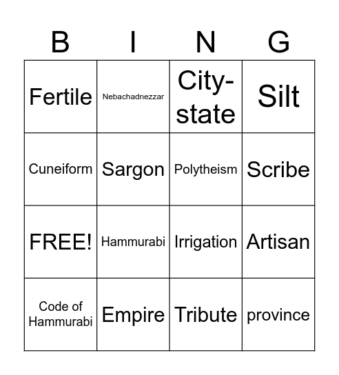 Mesopotamia Bingo Card