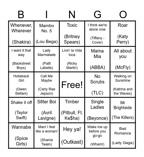 Cheesy Hits Bingo Card
