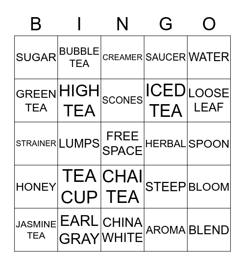 Tea Party Bingo Card