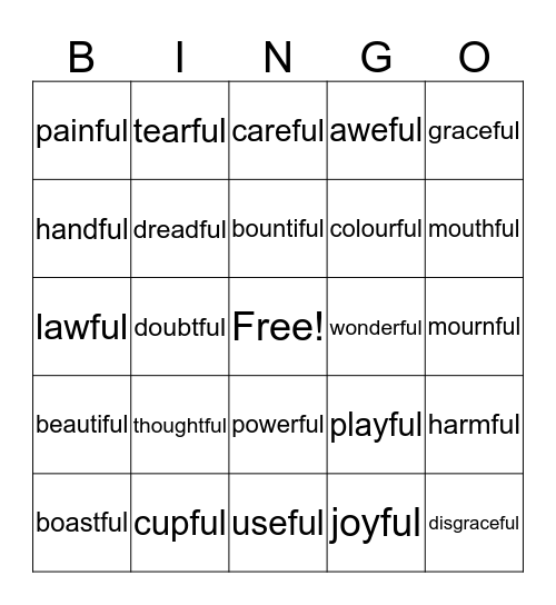 When adding 'full' to the end of a word drop one 'l' Bingo Card