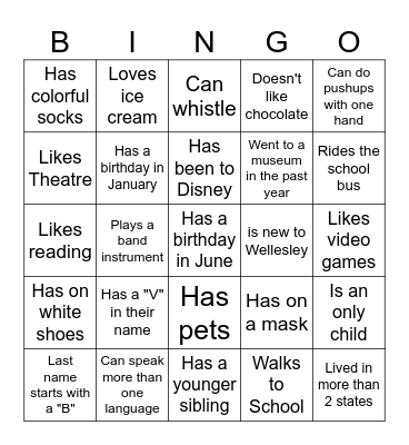 Middle School BINGO: Find someone who... Bingo Card