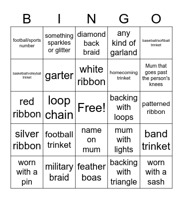 Homecoming mum Bingo Card