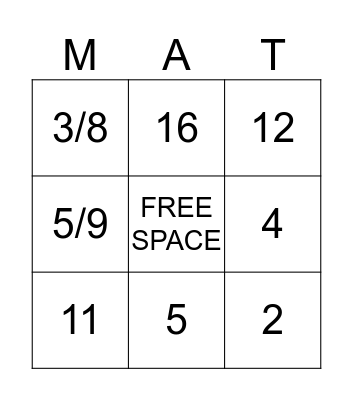 Fraction Bingo Card