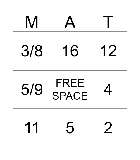 Fraction Bingo Card