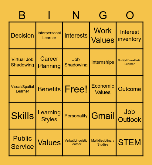 Career Exploration Bingo Card
