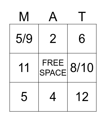 Fraction Bingo Card