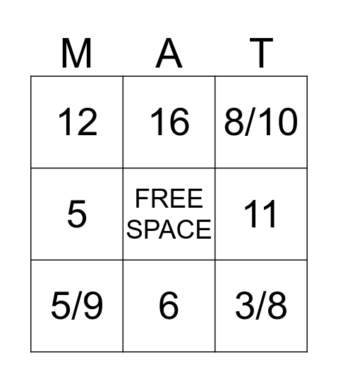 Fraction Bingo Card