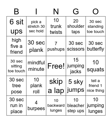 Fitness Bingo Card