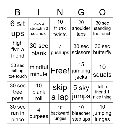 Fitness Bingo Card