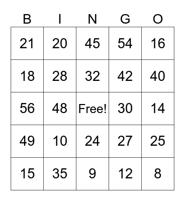 Multiplication Bingo Card