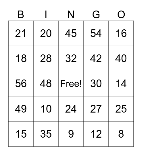 Multiplication Bingo Card