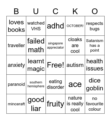 Bucko Bingo Card