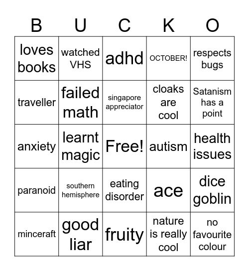 Bucko Bingo Card