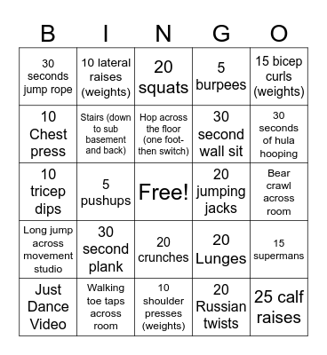 Fitness Bingo Card
