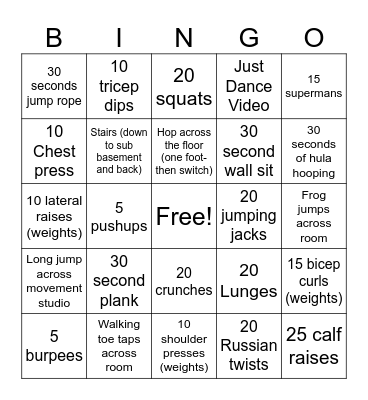 Fitness Bingo Card