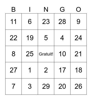 French numbers 1-75 Bingo Card