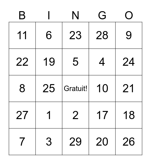 French numbers 1-75 Bingo Card