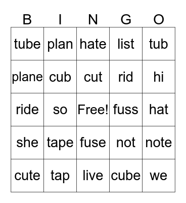 long and short Vowel words Bingo Card