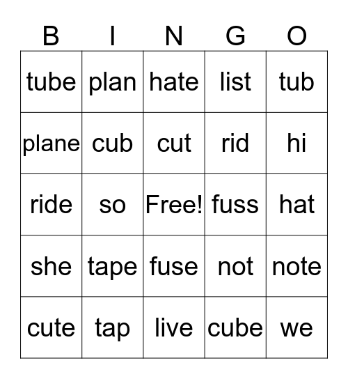 long and short Vowel words Bingo Card