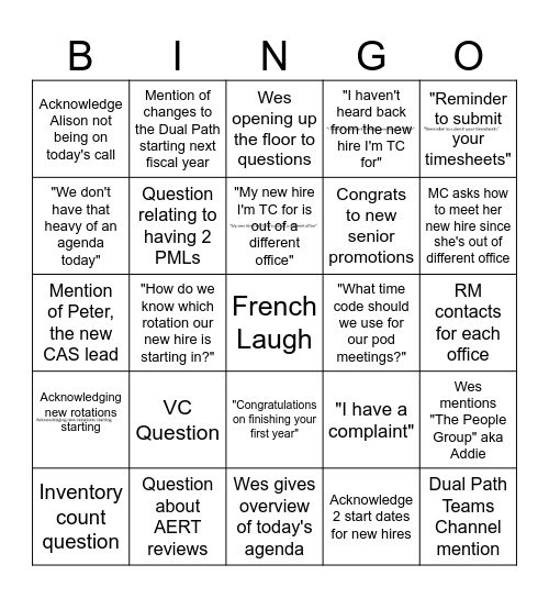 Dual Path Call Bingo Card