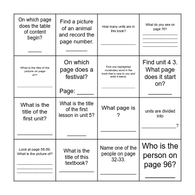 Textbook Scavenger Hunt Bingo Card