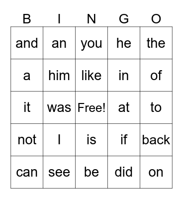 Heart Word Bingo Card