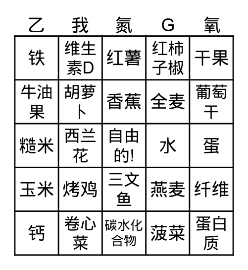 营养宾果游戏 Bingo Card