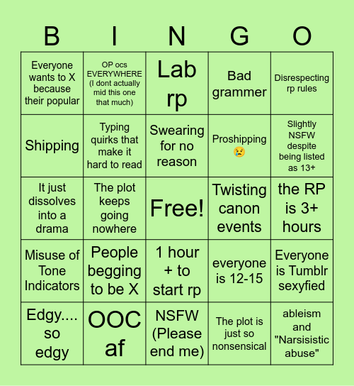 TQAF rp bingo :) Bingo Card